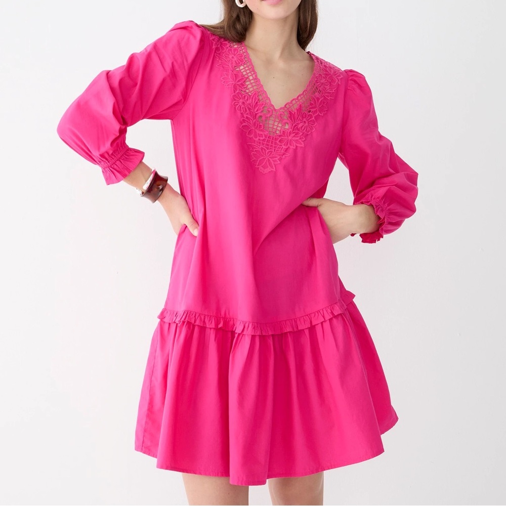 J‎ Crew long sleeve V-neck mini dress with eyelet trim ruffle hem hot pink